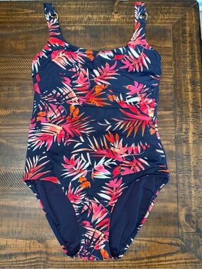 Calvin Klein Navy One-Piece Swimsuit with Pink & Coral Leaf Print